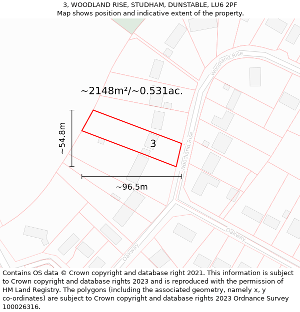 3, WOODLAND RISE, STUDHAM, DUNSTABLE, LU6 2PF: Plot and title map