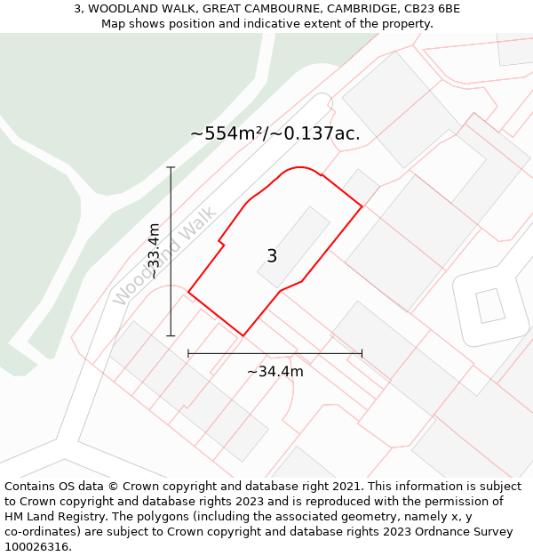 3, WOODLAND WALK, GREAT CAMBOURNE, CAMBRIDGE, CB23 6BE: Plot and title map