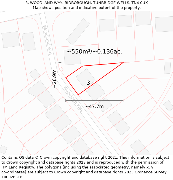 3, WOODLAND WAY, BIDBOROUGH, TUNBRIDGE WELLS, TN4 0UX: Plot and title map