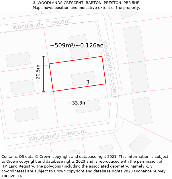 3, WOODLANDS CRESCENT, BARTON, PRESTON, PR3 5HB: Plot and title map