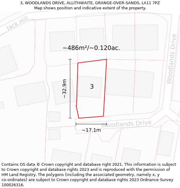 3, WOODLANDS DRIVE, ALLITHWAITE, GRANGE-OVER-SANDS, LA11 7PZ: Plot and title map