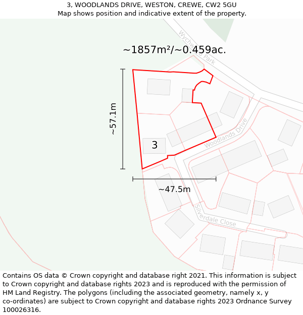 3, WOODLANDS DRIVE, WESTON, CREWE, CW2 5GU: Plot and title map