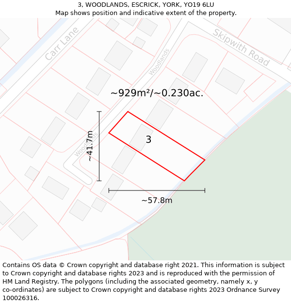 3, WOODLANDS, ESCRICK, YORK, YO19 6LU: Plot and title map