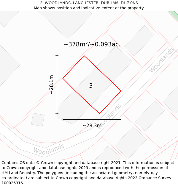 3, WOODLANDS, LANCHESTER, DURHAM, DH7 0NS: Plot and title map