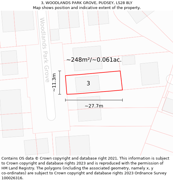 3, WOODLANDS PARK GROVE, PUDSEY, LS28 8LY: Plot and title map