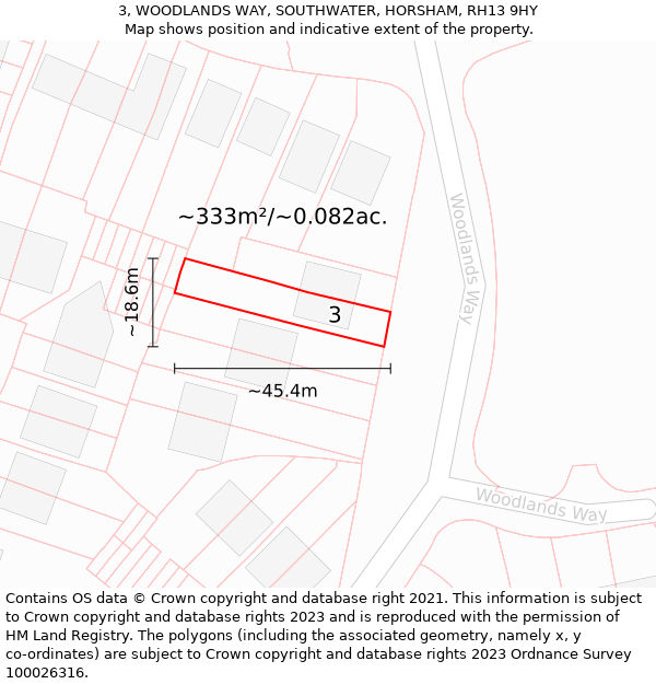 3, WOODLANDS WAY, SOUTHWATER, HORSHAM, RH13 9HY: Plot and title map