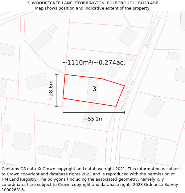 3, WOODPECKER LANE, STORRINGTON, PULBOROUGH, RH20 4DB: Plot and title map