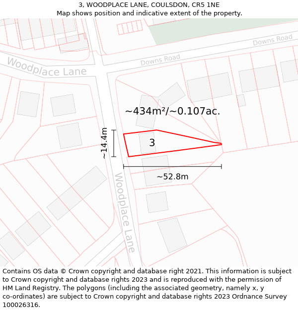 3, WOODPLACE LANE, COULSDON, CR5 1NE: Plot and title map