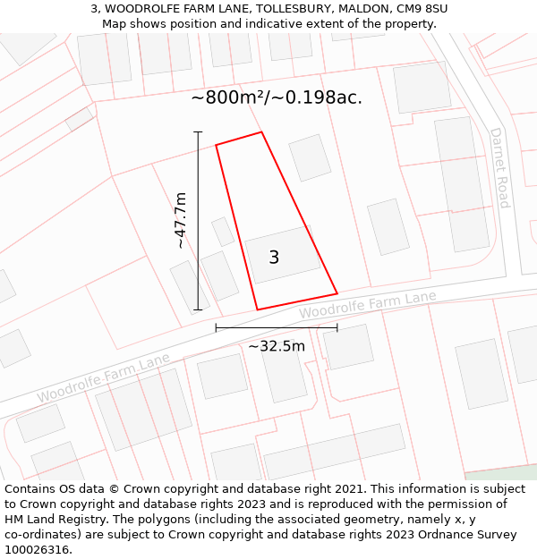 3, WOODROLFE FARM LANE, TOLLESBURY, MALDON, CM9 8SU: Plot and title map