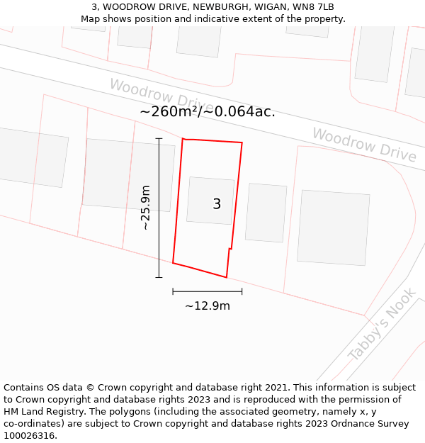 3, WOODROW DRIVE, NEWBURGH, WIGAN, WN8 7LB: Plot and title map