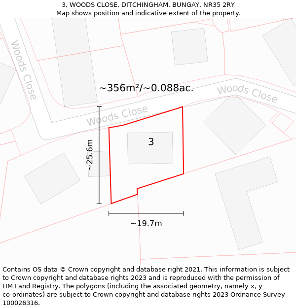 3, WOODS CLOSE, DITCHINGHAM, BUNGAY, NR35 2RY: Plot and title map