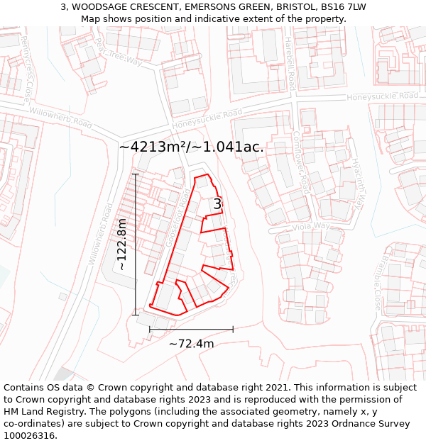 3, WOODSAGE CRESCENT, EMERSONS GREEN, BRISTOL, BS16 7LW: Plot and title map