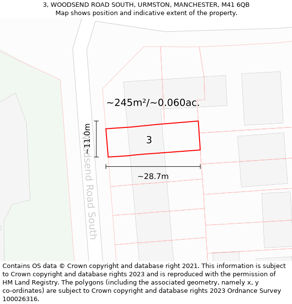 3, WOODSEND ROAD SOUTH, URMSTON, MANCHESTER, M41 6QB: Plot and title map