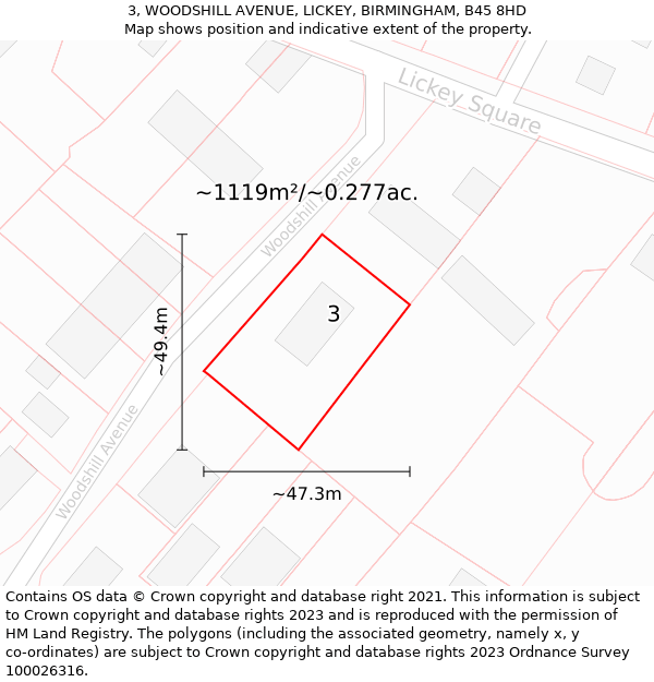 3, WOODSHILL AVENUE, LICKEY, BIRMINGHAM, B45 8HD: Plot and title map