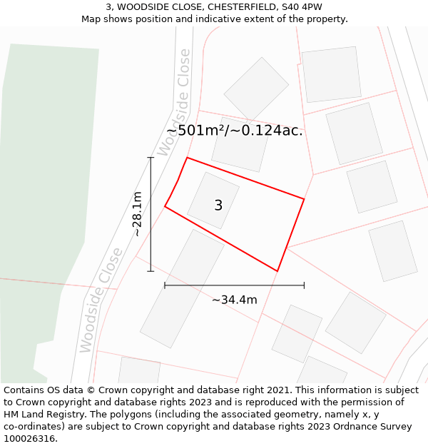 3, WOODSIDE CLOSE, CHESTERFIELD, S40 4PW: Plot and title map