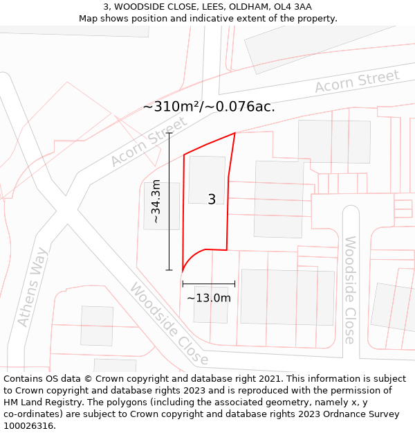 3, WOODSIDE CLOSE, LEES, OLDHAM, OL4 3AA: Plot and title map