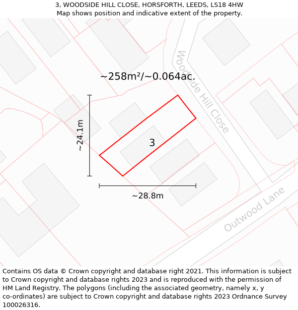 3, WOODSIDE HILL CLOSE, HORSFORTH, LEEDS, LS18 4HW: Plot and title map