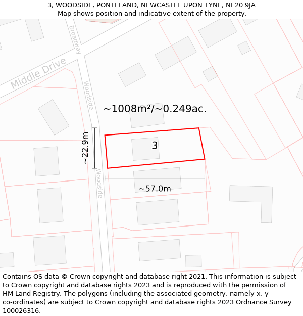 3, WOODSIDE, PONTELAND, NEWCASTLE UPON TYNE, NE20 9JA: Plot and title map