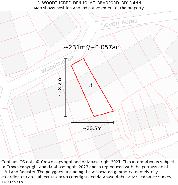 3, WOODTHORPE, DENHOLME, BRADFORD, BD13 4NN: Plot and title map