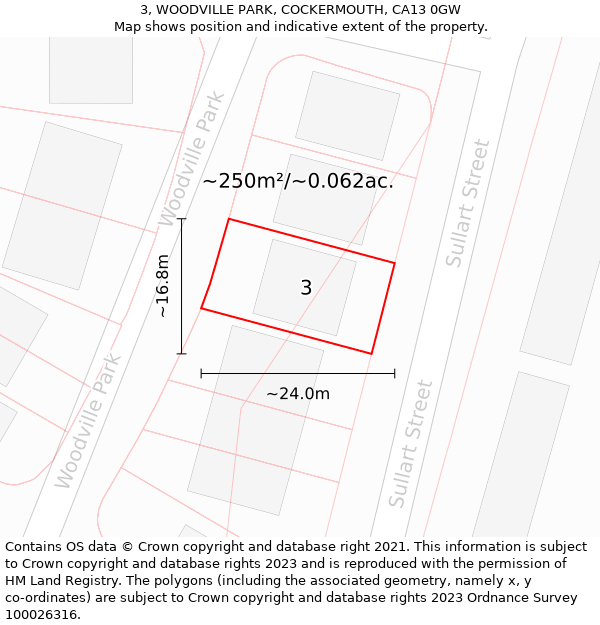 3, WOODVILLE PARK, COCKERMOUTH, CA13 0GW: Plot and title map