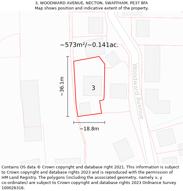 3, WOODWARD AVENUE, NECTON, SWAFFHAM, PE37 8FA: Plot and title map