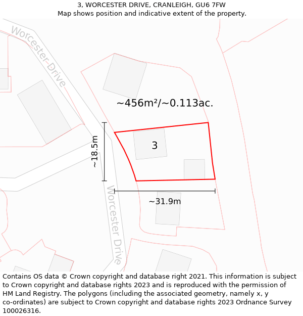 3, WORCESTER DRIVE, CRANLEIGH, GU6 7FW: Plot and title map