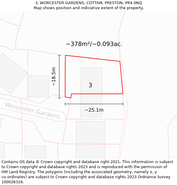 3, WORCESTER GARDENS, COTTAM, PRESTON, PR4 0NQ: Plot and title map