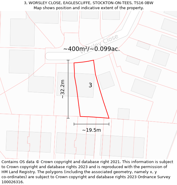 3, WORSLEY CLOSE, EAGLESCLIFFE, STOCKTON-ON-TEES, TS16 0BW: Plot and title map