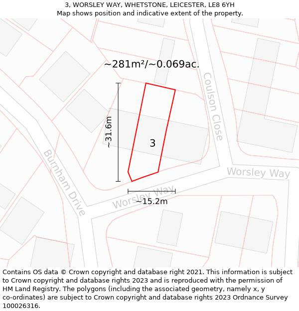 3, WORSLEY WAY, WHETSTONE, LEICESTER, LE8 6YH: Plot and title map