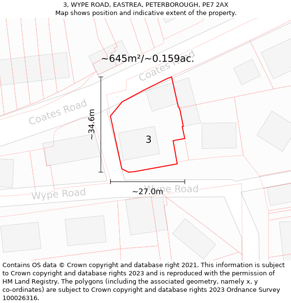 3, WYPE ROAD, EASTREA, PETERBOROUGH, PE7 2AX: Plot and title map