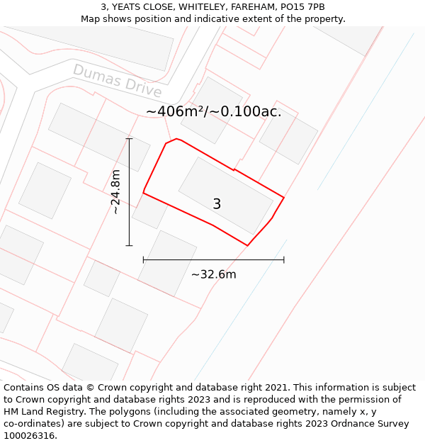 3, YEATS CLOSE, WHITELEY, FAREHAM, PO15 7PB: Plot and title map