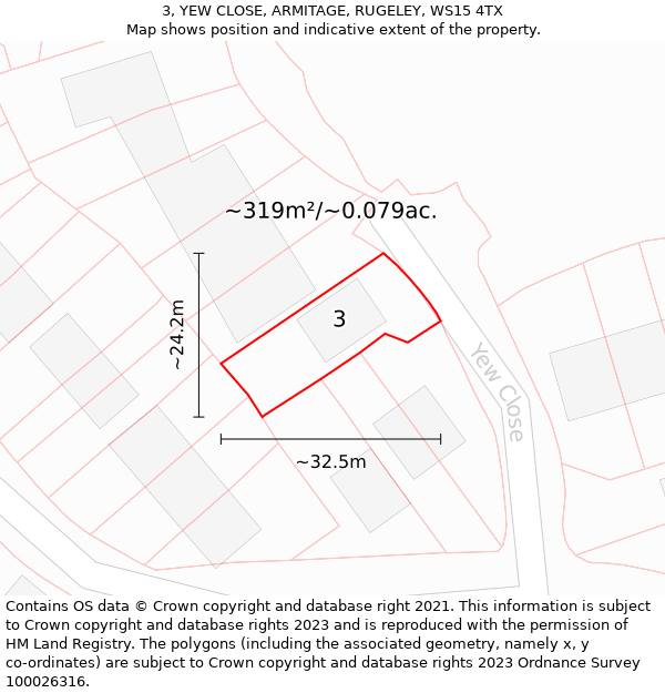 3, YEW CLOSE, ARMITAGE, RUGELEY, WS15 4TX: Plot and title map