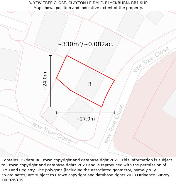 3, YEW TREE CLOSE, CLAYTON LE DALE, BLACKBURN, BB1 9HP: Plot and title map