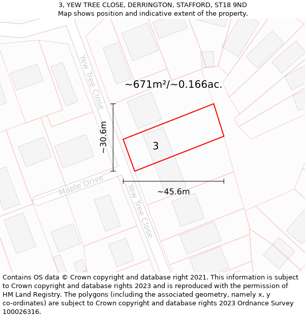 3, YEW TREE CLOSE, DERRINGTON, STAFFORD, ST18 9ND: Plot and title map