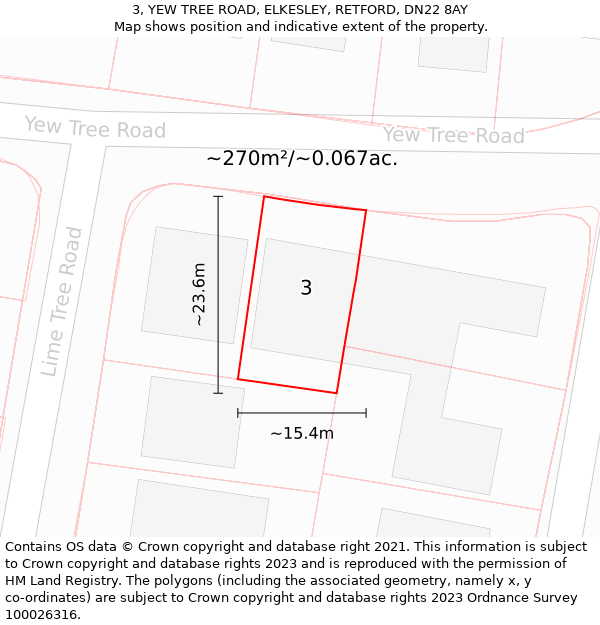 3, YEW TREE ROAD, ELKESLEY, RETFORD, DN22 8AY: Plot and title map