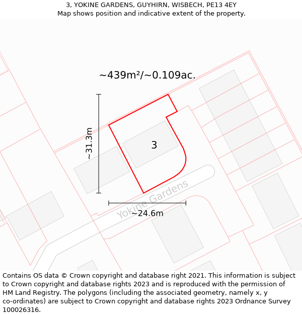 3, YOKINE GARDENS, GUYHIRN, WISBECH, PE13 4EY: Plot and title map