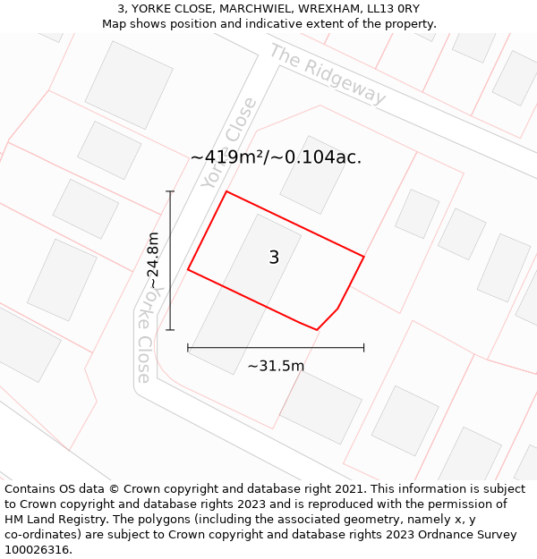 3, YORKE CLOSE, MARCHWIEL, WREXHAM, LL13 0RY: Plot and title map