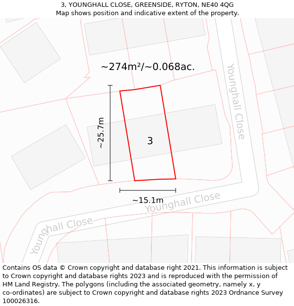 3, YOUNGHALL CLOSE, GREENSIDE, RYTON, NE40 4QG: Plot and title map