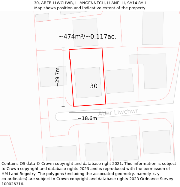 30, ABER LLWCHWR, LLANGENNECH, LLANELLI, SA14 8AH: Plot and title map