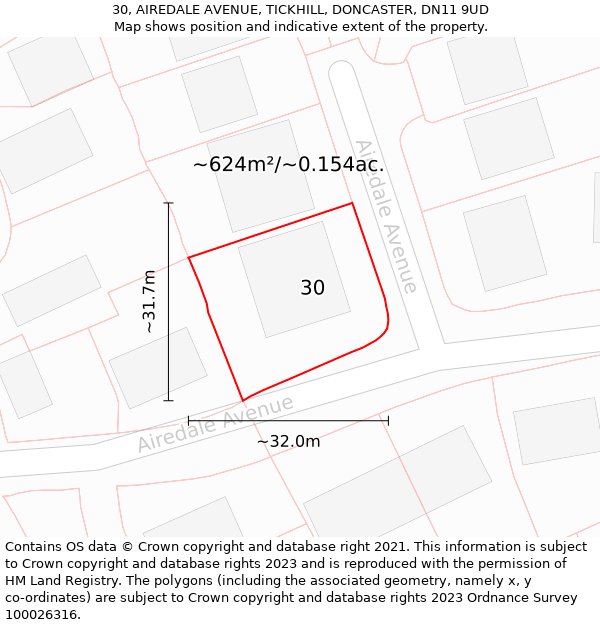 30, AIREDALE AVENUE, TICKHILL, DONCASTER, DN11 9UD: Plot and title map