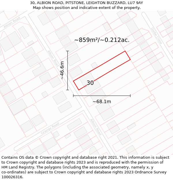 30, ALBION ROAD, PITSTONE, LEIGHTON BUZZARD, LU7 9AY: Plot and title map