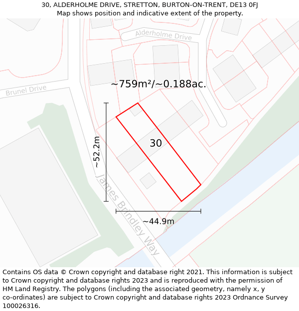 30, ALDERHOLME DRIVE, STRETTON, BURTON-ON-TRENT, DE13 0FJ: Plot and title map