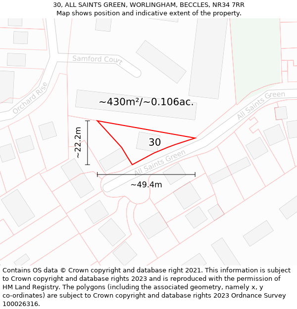 30, ALL SAINTS GREEN, WORLINGHAM, BECCLES, NR34 7RR: Plot and title map