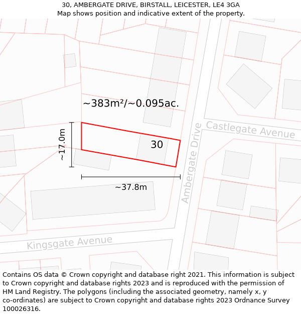 30, AMBERGATE DRIVE, BIRSTALL, LEICESTER, LE4 3GA: Plot and title map