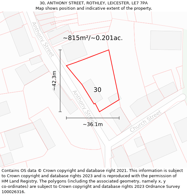 30, ANTHONY STREET, ROTHLEY, LEICESTER, LE7 7PA: Plot and title map