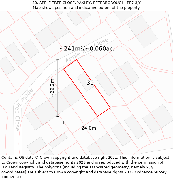 30, APPLE TREE CLOSE, YAXLEY, PETERBOROUGH, PE7 3JY: Plot and title map