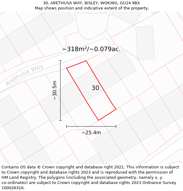 30, ARETHUSA WAY, BISLEY, WOKING, GU24 9BX: Plot and title map