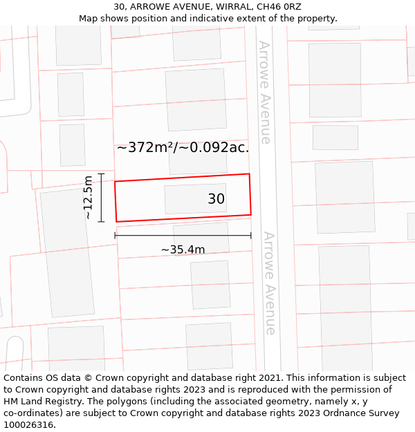 30, ARROWE AVENUE, WIRRAL, CH46 0RZ: Plot and title map