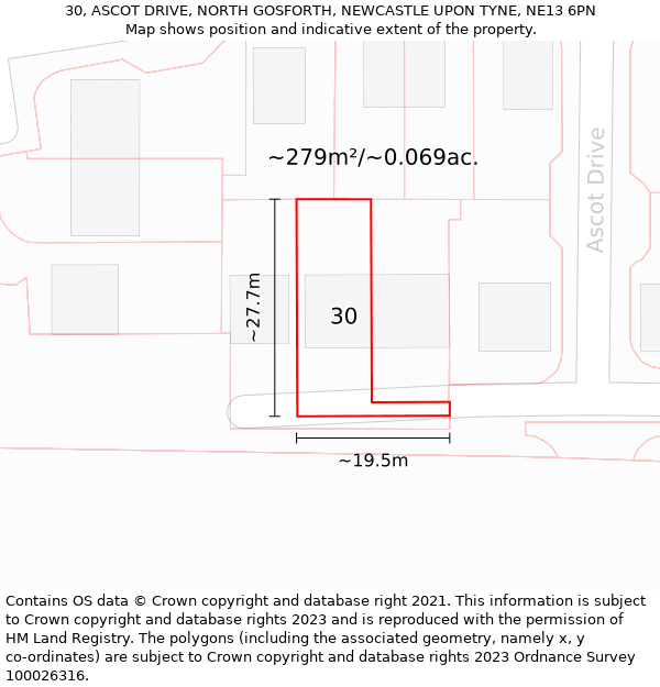 30, ASCOT DRIVE, NORTH GOSFORTH, NEWCASTLE UPON TYNE, NE13 6PN: Plot and title map