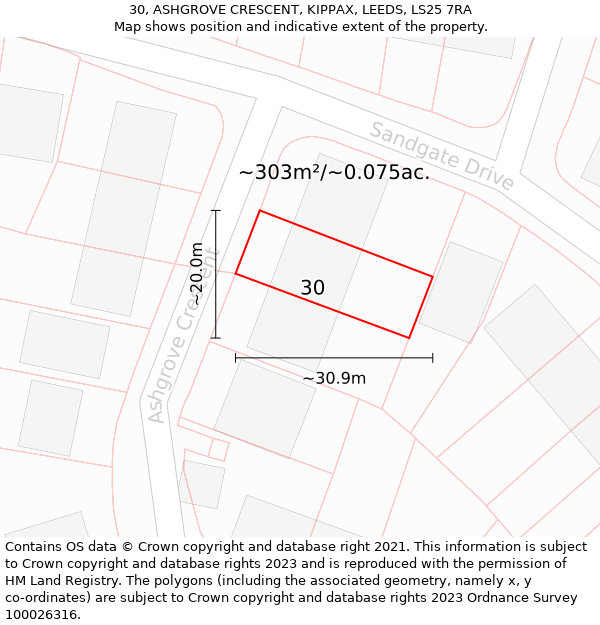 30, ASHGROVE CRESCENT, KIPPAX, LEEDS, LS25 7RA: Plot and title map